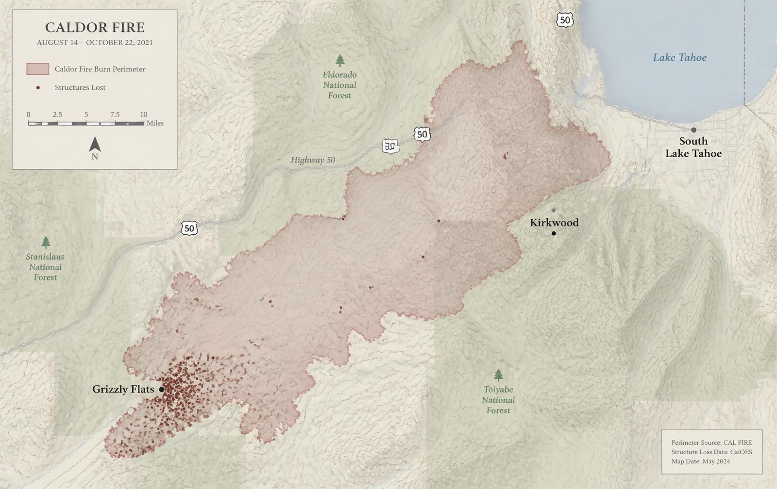 Map showing the 2021 Caldor Fire burn perimeter near South Lake Tahoe, with structures lost concentrated around Grizzly Flats